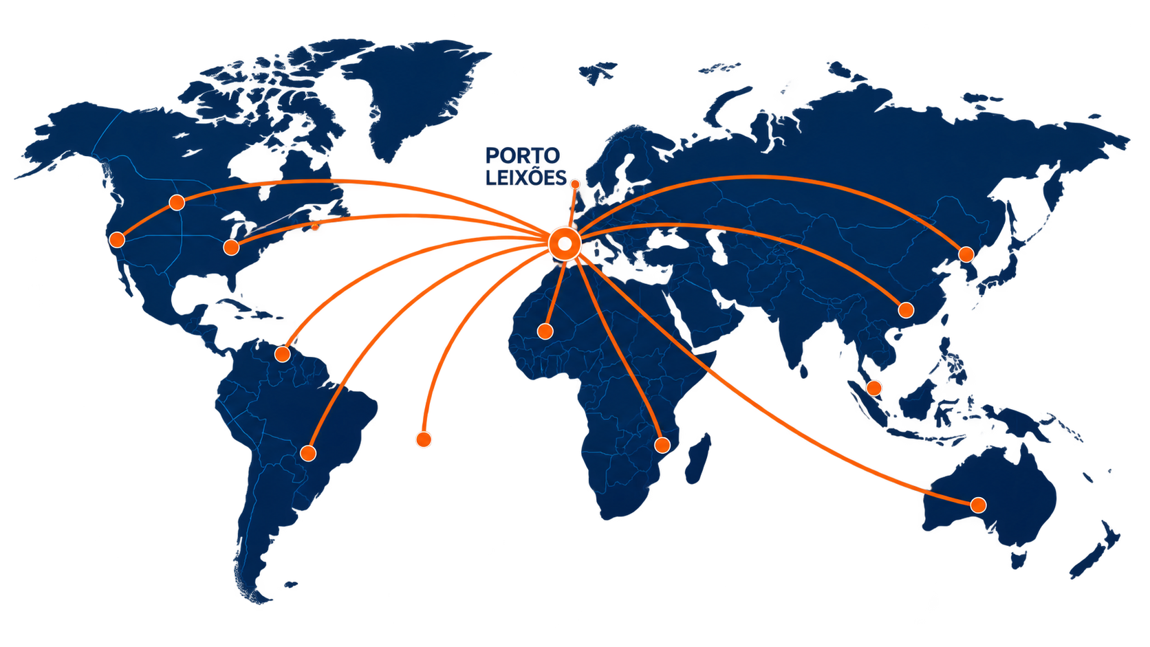 Mapa mundial das ligações internacionais da TEU a partir do Porto de Leixões